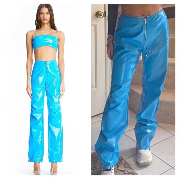 I.AM.GIA Isla Patent Leather Zip-Front Pant Size XS Blue Straight Leg Zipper - Picture 2 of 13